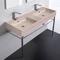 Beige Travertine Design Ceramic Console Double Sink With Polished Chrome Stand, 48